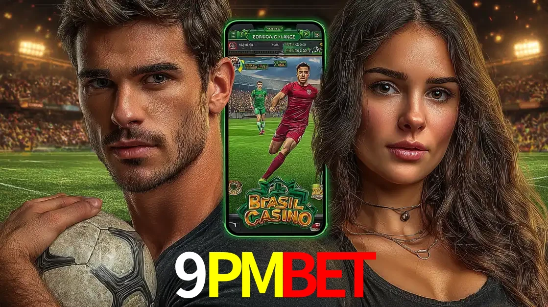 Homem segurando uma bola de futebol e uma mulher ao lado de um smartphone exibindo o jogo de apostas esportivas da 9PMBET. Faça seu palpite no cassino online.